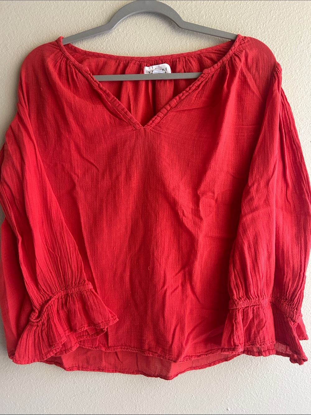 Velvet by Graham & Spencer Red V-Neck Cotton Peasant Blouse